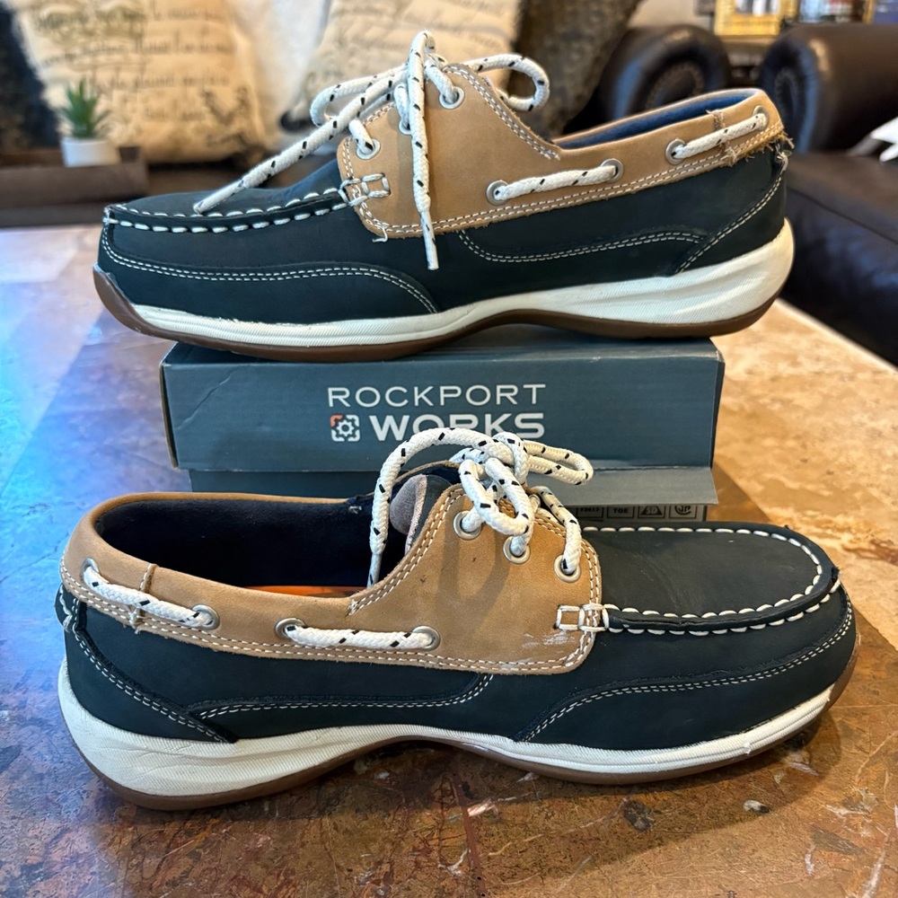 Women’s SZ 8.5 ROCKPORT Works Sailing Club STEEL TOE Lace Up Navy/Tan Oxford